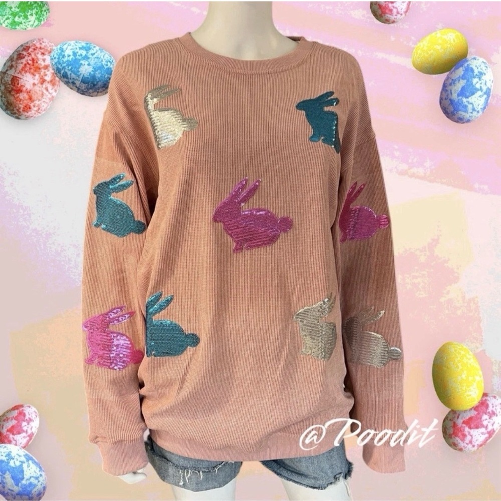 Sequin bunny corded thermal texture Easter holiday pullover S L 3XL - Picture 3 of 6